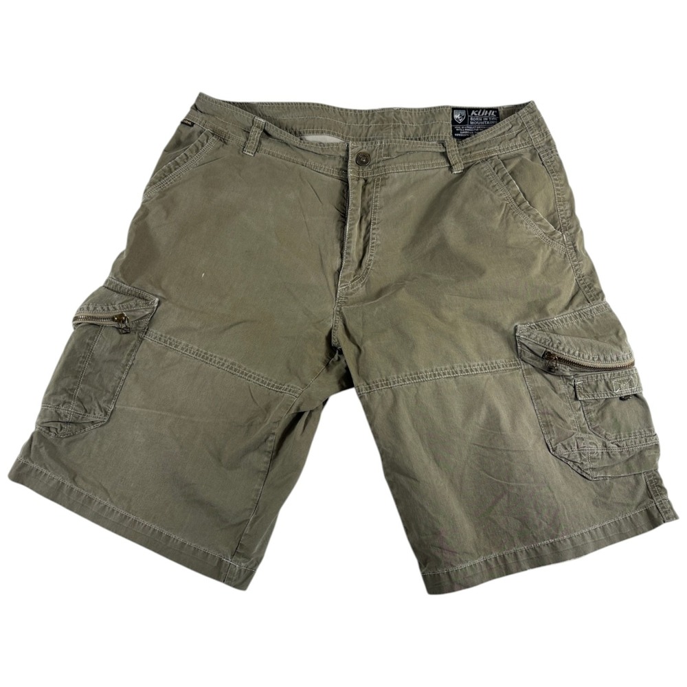 Kuhl Cargo Shorts Mens 36 Olive Green Cotton Mid Rise Hiking Outdoor Quick Dry